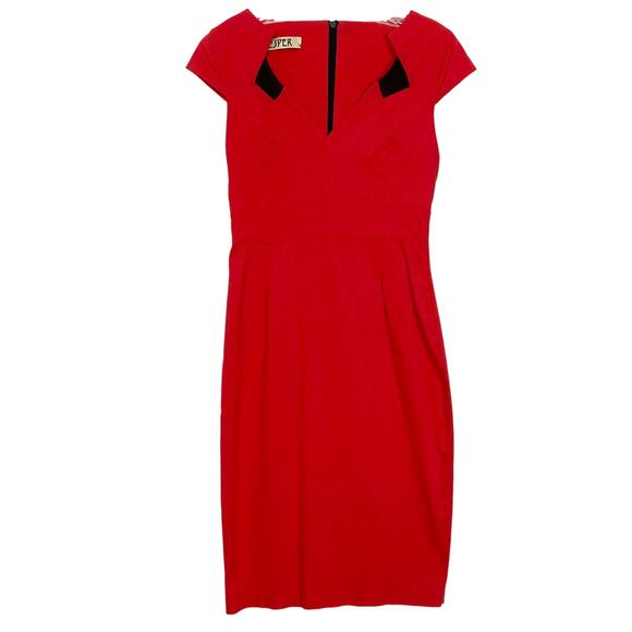 NWOT VESPER Dress UK 10/US 6 Red Notch Detail V Neck Stretch Knee Zip Viscose